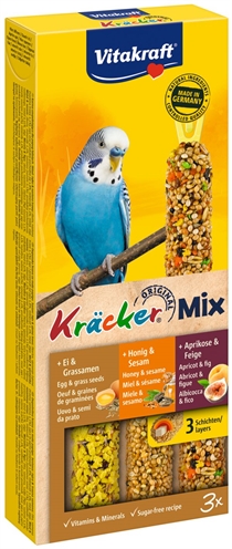 VITAKRAFT Parkiet Kracker Honing/Fruit/Ei - 3x gebakken op natuurhouten stokje, vitamines & mineralen, ophangclip - mix - 3 stuks